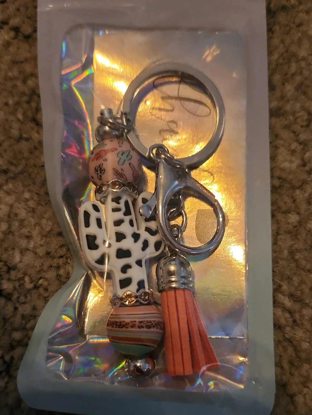 Stylish Cactus Keychain Tassel Accessory - Coral and White